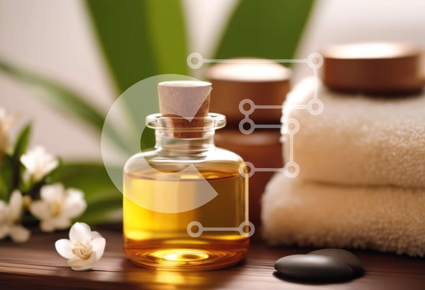 Intra Συλλεκτικό Ξύλινο Παζλ Plywood  4mm - Μπουκάλι αιθέριου ελαίου με πετσέτες και λουλούδια Σε Ξύλινο Κουτί - Διαστάσεις Puzzle: 10x10 cm – 25 κομμάτια