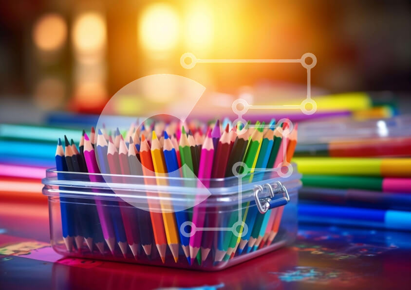 Intra Συλλεκτικό Ξύλινο Παζλ Plywood  4mm - Πολύχρωμα μολύβια σε διαφανές δοχείο στο τραπέζι Σε Ξύλινο Κουτί - Διαστάσεις Puzzle: 10x10 cm – 25 κομμάτια