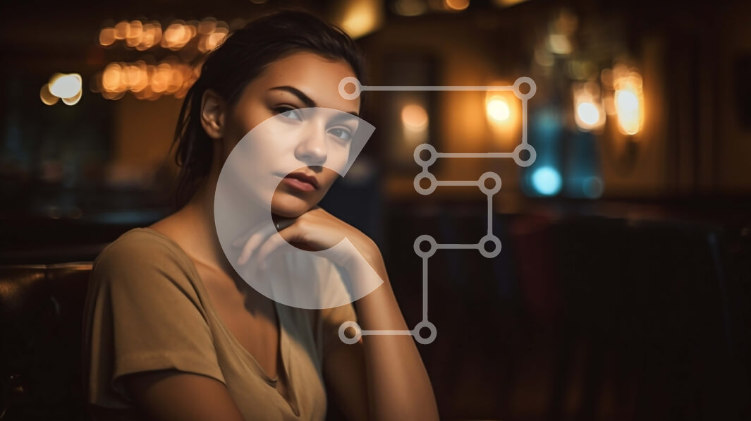 Intra Συλλεκτικό Ξύλινο Παζλ Plywood  4mm - Όμορφη εικόνα μιας νεαρής γυναίκας με καφέ φόρεμα σε ένα εστιατόριο με χαμηλό φωτισμό Σε Ξύλινο Κουτί - Διαστάσεις Puzzle: 10x10 cm – 25 κομμάτια