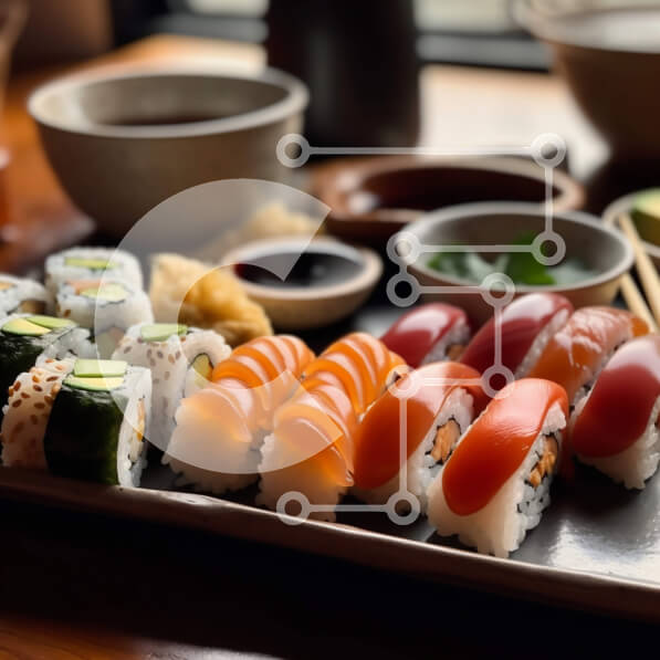 Σετ των 2 Intra Συλλεκτικό Ξύλινο Παζλ Plywood  4mm - Ποικιλίες σούσι σε μαύρο δίσκο με σάλτσα σόγιας και Wasabi Σε Ξύλινο Κουτί - Διαστάσεις: 10x10 cm – 25 κομμάτια