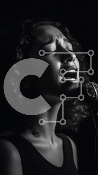 Intra Συλλεκτικό Ξύλινο Παζλ Plywood  4mm - Σοβαρή νεαρή γυναίκα που τραγουδά σε ένα μικρόφωνο σε ασπρόμαυρη φωτογραφία Σε Ξύλινο Κουτί - Διαστάσεις Puzzle: 10x10 cm – 25 κομμάτια