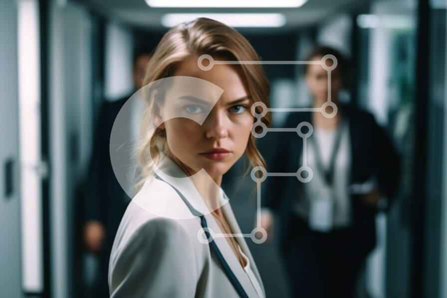 Intra Συλλεκτικό Ξύλινο Παζλ Plywood  4mm - Σοβαρή επιχειρηματίας σε ένα διάδρομο με άλλους επαγγελματίες Σε Ξύλινο Κουτί - Διαστάσεις Puzzle: 10x10 cm – 25 κομμάτια