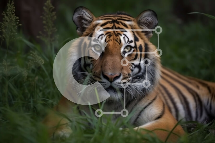 Σετ των 2 Intra Συλλεκτικό Ξύλινο Παζλ Plywood  4mm - Όμορφη εικόνα μιας τίγρης που χαλαρώνει στην άγρια ​​φύση Σε Ξύλινο Κουτί - Διαστάσεις: 10x10 cm – 25 κομμάτια