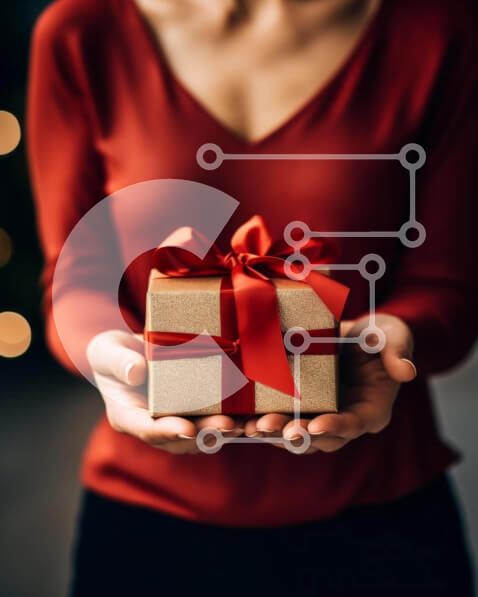 Intra Συλλεκτικό Ξύλινο Παζλ Plywood  4mm - Γυναίκα που κρατά ένα κόκκινο κουτί δώρου με κορδέλα για την περίοδο των γιορτών Σε Ξύλινο Κουτί - Διαστάσεις: 10x10 cm – 25 κομμάτια