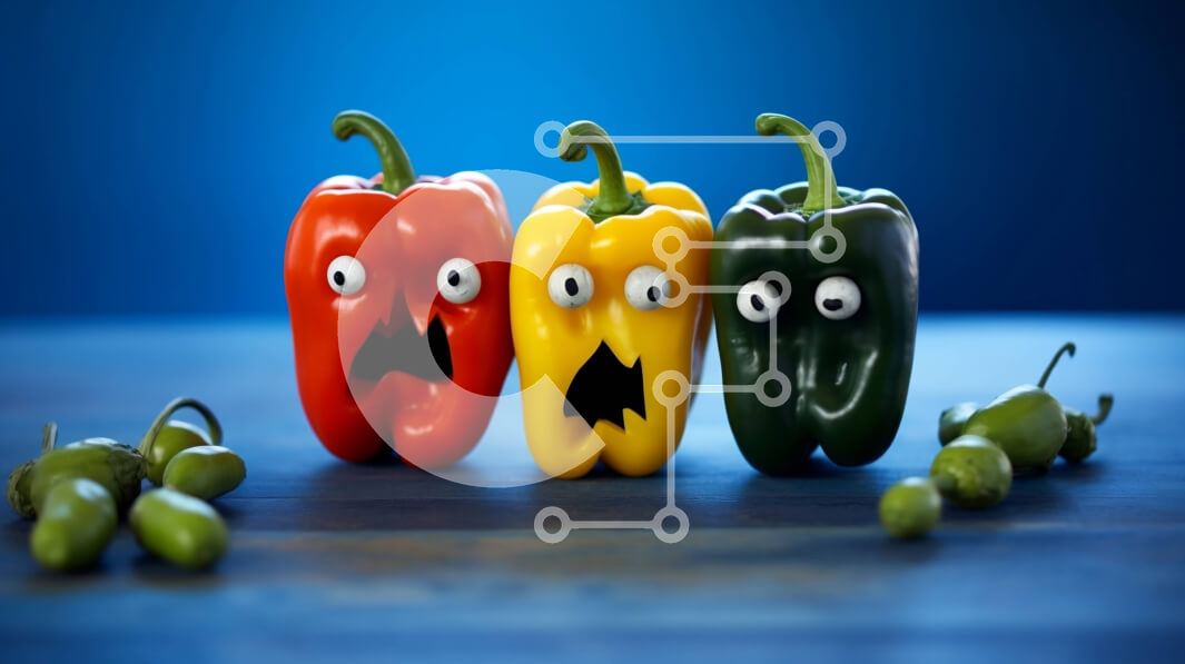 Σετ των 2 Intra Συλλεκτικό Ξύλινο Παζλ Plywood  4mm - Πολύχρωμες πιπεριές με πρόσωπα σε ξύλινο τραπέζι Σε Ξύλινο Κουτί - Διαστάσεις: 10x10 cm – 25 κομμάτια