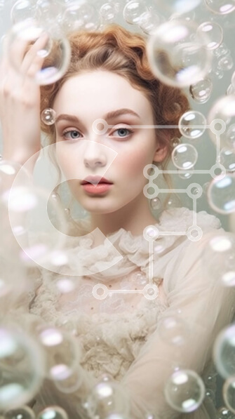 Intra Συλλεκτικό Ξύλινο Παζλ Plywood  4mm - Απαλή και ρομαντική εικόνα μιας γυναίκας με λευκό φόρεμα με κόκκινα μαλλιά που περιβάλλεται από φυσαλίδες Σε Ξύλινο Κουτί - Διαστάσεις Puzzle: 10x10 cm – 25 κομμάτια