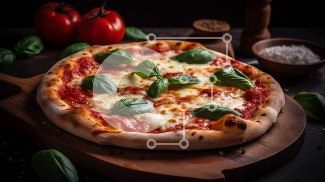 Σετ των 2 Intra Συλλεκτικό Ξύλινο Παζλ Plywood  4mm - Νόστιμη πίτσα με φρέσκο ​​βασιλικό και ντομάτες σε ξύλινο ξύλο κοπής Σε Ξύλινο Κουτί - Διαστάσεις: 10x10 cm – 25 κομμάτια