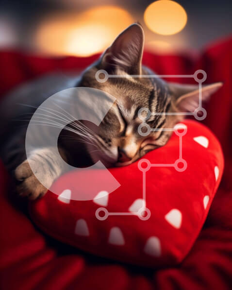 Σετ των 2 Intra Συλλεκτικό Ξύλινο Παζλ Plywood  4mm - Γάτα που κοιμάται σε μαξιλάρι σε σχήμα καρδιάς με απαλό πορτοκαλί και κόκκινο σχέδιο Σε Ξύλινο Κουτί - Διαστάσεις: 10x10 cm – 25 κομμάτια