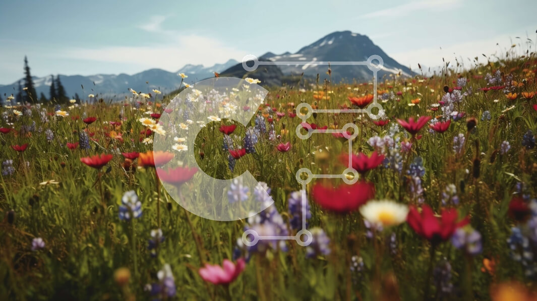 Intra Συλλεκτικό Ξύλινο Παζλ Plywood  4mm - Πεδίο με αγριολούλουδα στα βουνά με χιονισμένες κορυφές Σε Ξύλινο Κουτί - Διαστάσεις: 10x10 cm – 25 κομμάτια