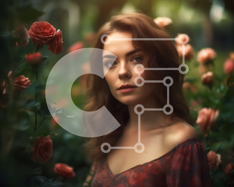 Intra Συλλεκτικό Ξύλινο Παζλ Plywood  4mm - Αιθέρια εικόνα γυναίκας με κόκκινο φόρεμα σε κήπο με τριανταφυλλιές Σε Ξύλινο Κουτί - Διαστάσεις Puzzle: 10x10 cm – 25 κομμάτια