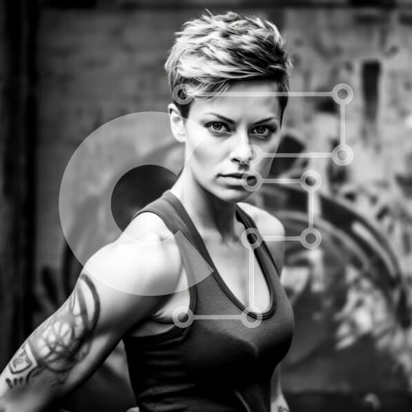 Σετ των 2 Intra Συλλεκτικό Ξύλινο Παζλ Plywood  4mm - Sporty and edgy look: Γυναίκα με κοντά μαλλιά και τατουάζ μπροστά στον τοίχο του γκράφιτι Σε Ξύλινο Κουτί - Διαστάσεις: 10x10 cm – 25 κομμάτια