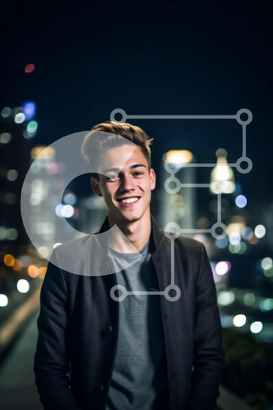 Intra Συλλεκτικό Ξύλινο Παζλ Plywood  4mm - Χαμογελαστός νεαρός άνδρας με τον ορίζοντα της πόλης τη νύχτα Σε Ξύλινο Κουτί - Διαστάσεις Puzzle: 10x10 cm – 25 κομμάτια