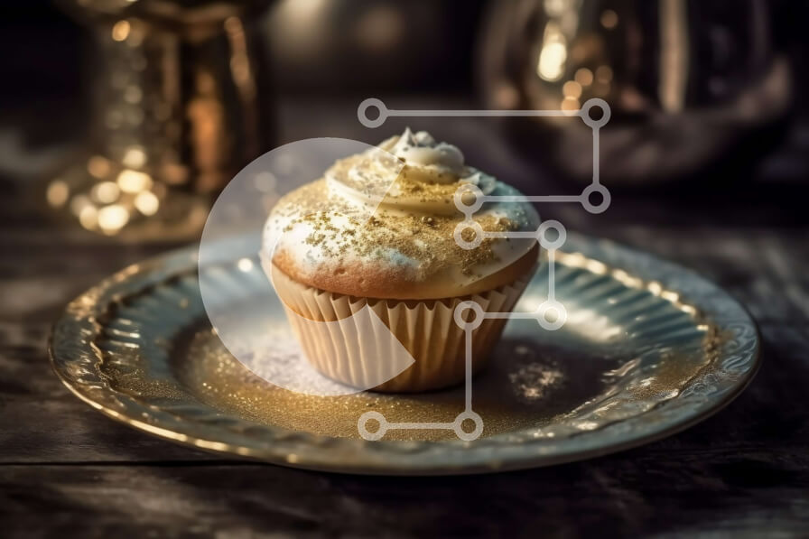 Σετ των 2 Intra Συλλεκτικό Ξύλινο Παζλ Plywood  4mm - Νόστιμο Cupcake με Λευκό Πάγωμα και Πασπαλίσματα Χρυσού σε Ασημένιο Πιάτο Σε Ξύλινο Κουτί - Διαστάσεις: 10x10 cm – 25 κομμάτια