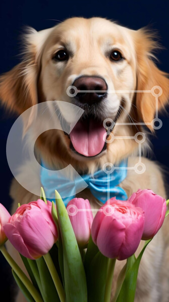 Σετ των 2 Intra Συλλεκτικό Ξύλινο Παζλ Plywood  4mm - Γκόλντεν Ριτρίβερ με ροζ τουλίπες Σε Ξύλινο Κουτί - Διαστάσεις: 10x10 cm – 25 κομμάτια