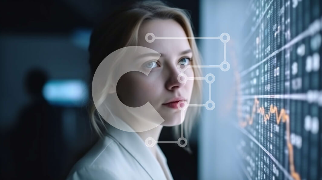 Intra Συλλεκτικό Ξύλινο Παζλ Plywood  4mm - Επαγγελματίας γυναίκα που αναλύει οικονομικά δεδομένα σε μια οθόνη υπολογιστή Σε Ξύλινο Κουτί - Διαστάσεις Puzzle: 10x10 cm – 25 κομμάτια