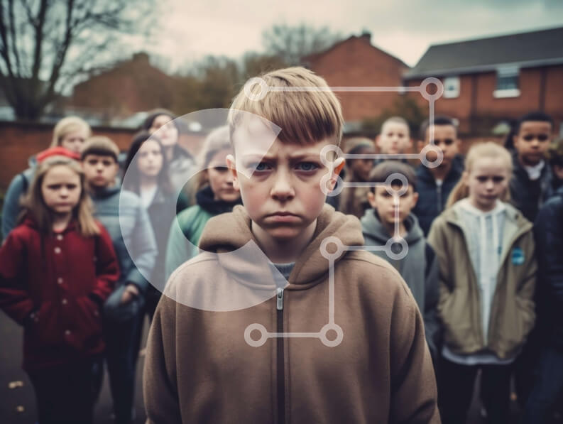 Intra Συλλεκτικό Ξύλινο Παζλ Plywood  4mm - Σοβαρή ομάδα παιδιών με κουκούλα μπροστά από το σχολικό κτίριο Σε Ξύλινο Κουτί - Διαστάσεις Puzzle: 10x10 cm – 25 κομμάτια