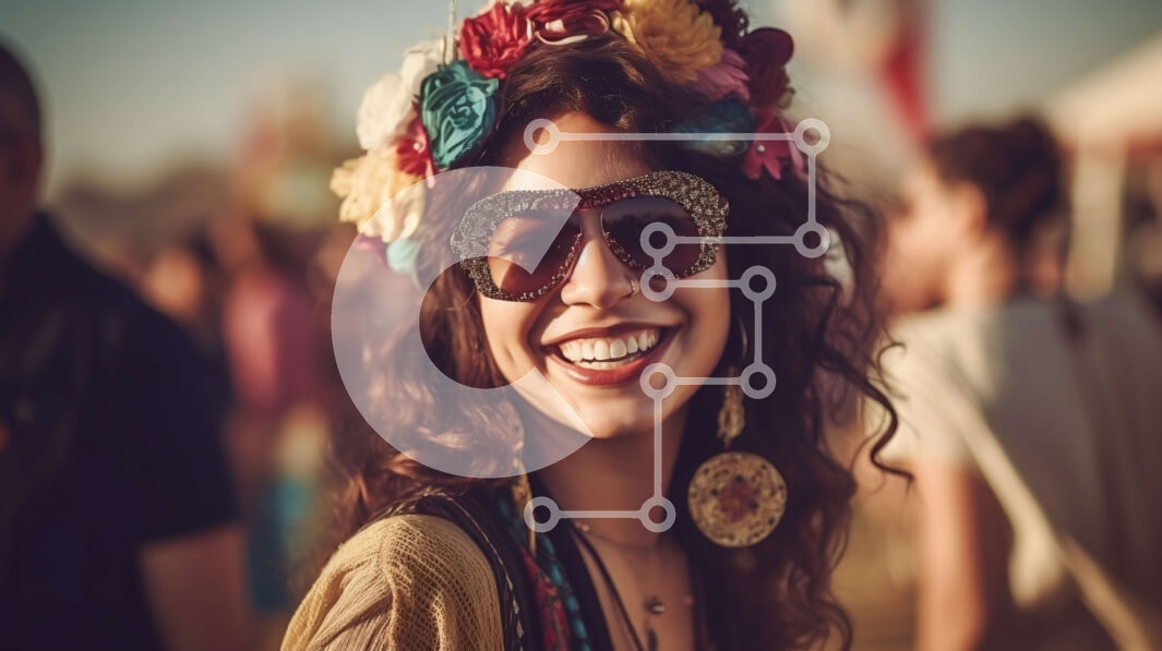 Intra Συλλεκτικό Ξύλινο Παζλ Plywood  4mm - Χαμογελαστή γυναίκα με μποέμικο στυλ σε ένα κατάμεστο μουσικό φεστιβάλ Σε Ξύλινο Κουτί - Διαστάσεις Puzzle: 10x10 cm – 25 κομμάτια