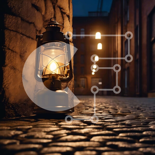 Intra Συλλεκτικό Ξύλινο Παζλ Plywood  4mm - Παλιομοδίτικο φανάρι στο πλακόστρωτο σοκάκι τη νύχτα Σε Ξύλινο Κουτί - Διαστάσεις Puzzle: 10x10 cm – 25 κομμάτια