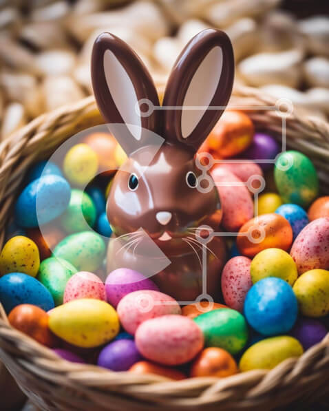 Intra Συλλεκτικό Ξύλινο Παζλ Plywood  4mm - Πασχαλινό σοκολατένιο λαγουδάκι και πολύχρωμα αυγά στο καλάθι Σε Ξύλινο Κουτί - Διαστάσεις: 10x10 cm – 25 κομμάτια