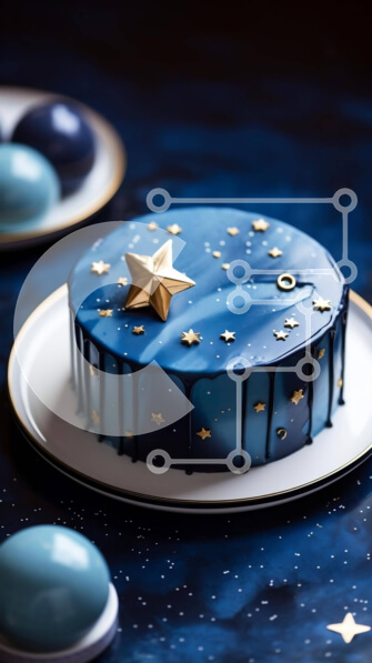 Intra Συλλεκτικό Ξύλινο Παζλ Plywood  4mm - Μπλε κέικ με αστέρια και χρυσά διακοσμητικά σε σκούρο μπλε τραπεζομάντιλο Σε Ξύλινο Κουτί - Διαστάσεις: 10x10 cm – 25 κομμάτια
