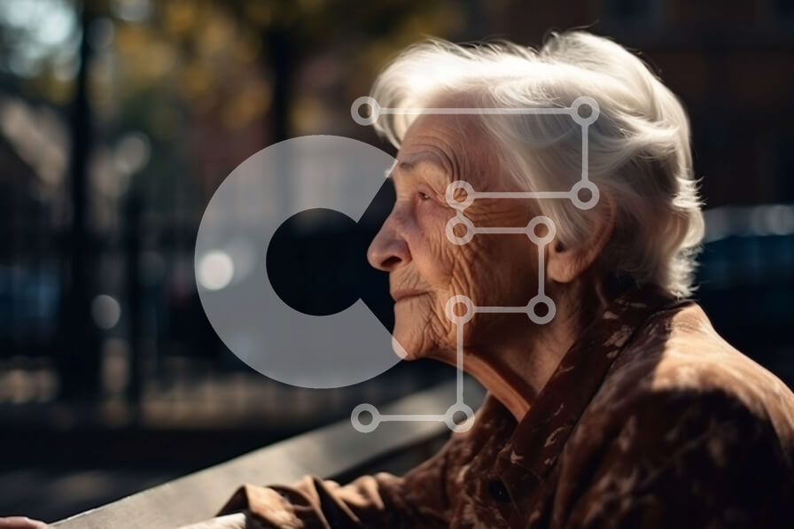 Intra Συλλεκτικό Ξύλινο Παζλ Plywood  4mm - Στοχαστική ηλικιωμένη γυναίκα που κάθεται σε ένα παγκάκι στο πάρκο Σε Ξύλινο Κουτί - Διαστάσεις Puzzle: 10x10 cm – 25 κομμάτια