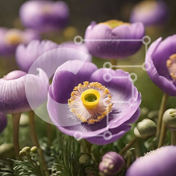 Intra Συλλεκτικό Ξύλινο Παζλ Plywood  4mm - Ανθισμένα πορφυρά λουλούδια ανεμώνης στο γρασίδι Σε Ξύλινο Κουτί - Διαστάσεις: 10x10 cm – 25 κομμάτια