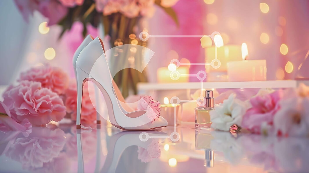 Σετ των 2 Intra Συλλεκτικό Ξύλινο Παζλ Plywood  4mm - Λευκό ψηλοτάκουνο παπούτσι με λουλούδια, κεριά και μπουκάλια αρωμάτων Σε Ξύλινο Κουτί - Διαστάσεις: 10x10 cm – 25 κομμάτια