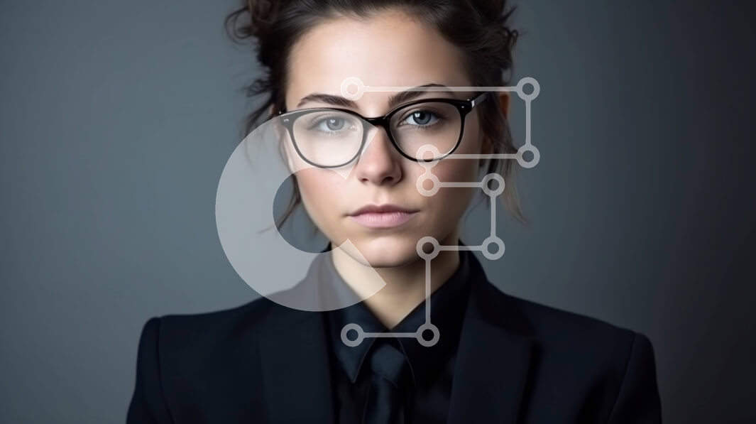 Intra Συλλεκτικό Ξύλινο Παζλ Plywood  4mm - Κομψή νεαρή γυναίκα με μαύρο κοστούμι και γυαλιά Σε Ξύλινο Κουτί - Διαστάσεις Puzzle: 10x10 cm – 25 κομμάτια