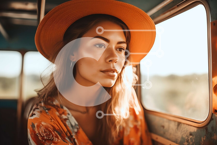 Intra Συλλεκτικό Ξύλινο Παζλ Plywood  4mm - Όμορφη εικόνα γυναίκας σε κρεβάτι φορτηγού που φορά μεγάλο πορτοκαλί καπέλο και φλοράλ φόρεμα Σε Ξύλινο Κουτί - Διαστάσεις Puzzle: 10x10 cm – 25 κομμάτια