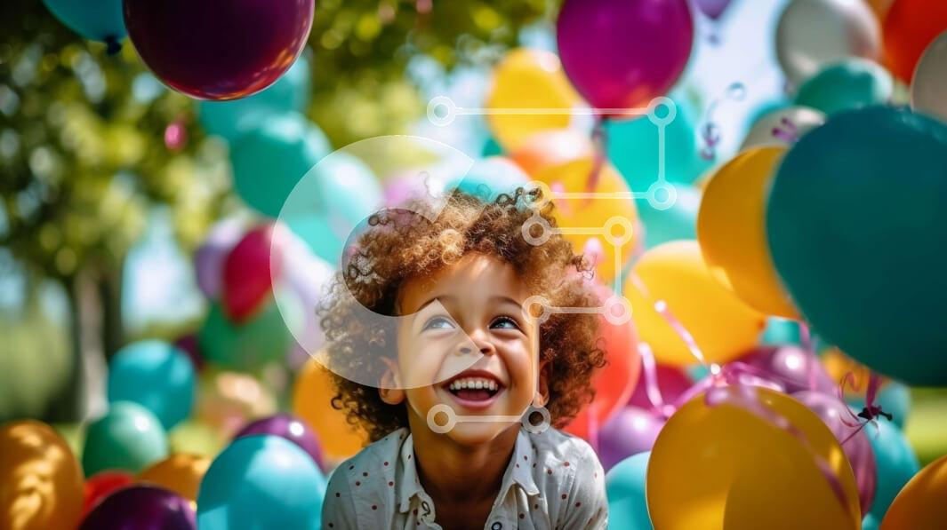 Intra Συλλεκτικό Ξύλινο Παζλ Plywood  4mm - Νεαρό κορίτσι με σγουρά μαλλιά και πολύχρωμα μπαλόνια στον ουρανό Σε Ξύλινο Κουτί - Διαστάσεις Puzzle: 10x10 cm – 25 κομμάτια