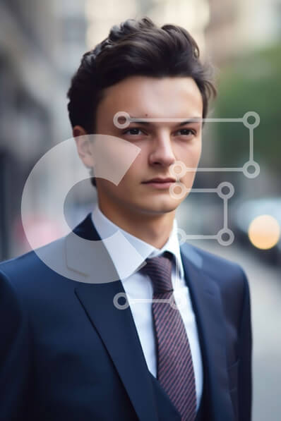 Intra Συλλεκτικό Ξύλινο Παζλ Plywood  4mm - Κομψός νεαρός άνδρας με μπλε κοστούμι και κόκκινη γραβάτα στο City Street Σε Ξύλινο Κουτί - Διαστάσεις Puzzle: 10x10 cm – 25 κομμάτια