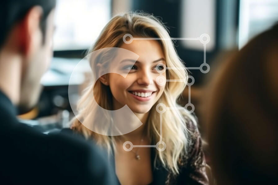 Intra Συλλεκτικό Ξύλινο Παζλ Plywood  4mm - Χαμογελαστή γυναίκα σε ένα καφέ με δύο άντρες Σε Ξύλινο Κουτί - Διαστάσεις Puzzle: 10x10 cm – 25 κομμάτια