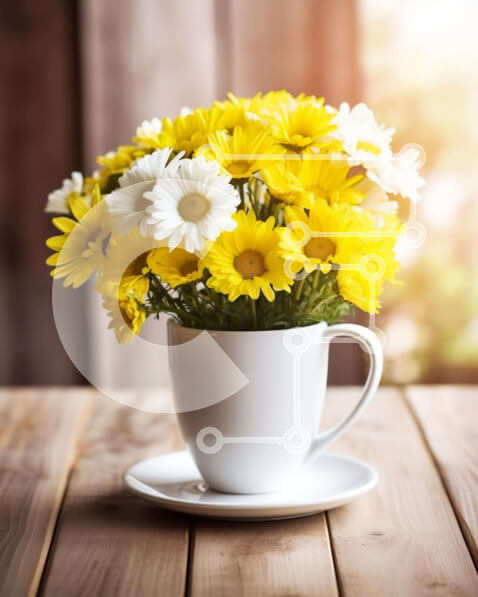 Intra Συλλεκτικό Ξύλινο Παζλ Plywood  4mm - Λευκό φλιτζάνι καφέ με κίτρινες και λευκές μαργαρίτες Σε Ξύλινο Κουτί - Διαστάσεις: 10x10 cm – 25 κομμάτια