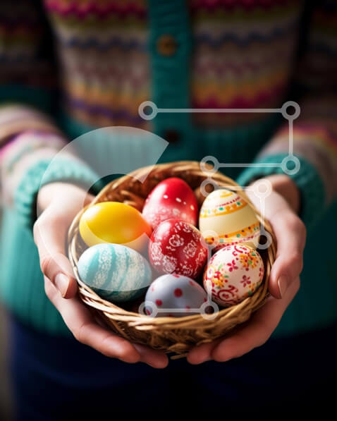 Intra Συλλεκτικό Ξύλινο Παζλ Plywood  4mm - Πολύχρωμα Πασχαλινά αυγά που κρατά γυναίκα Σε Ξύλινο Κουτί - Διαστάσεις: 10x10 cm – 25 κομμάτια