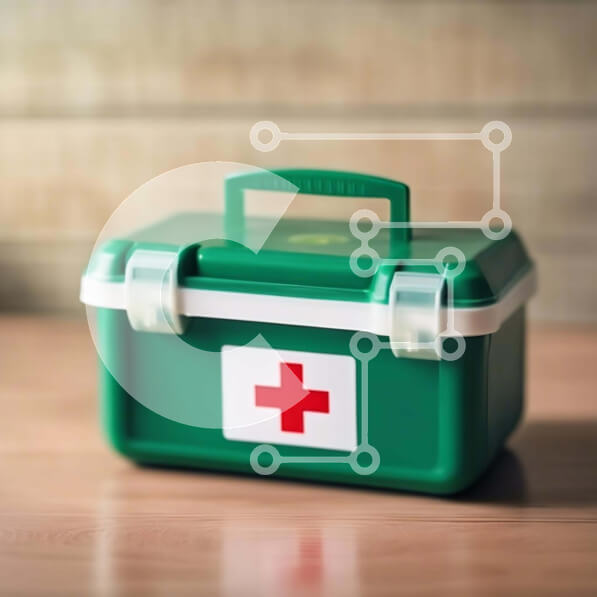 Intra Συλλεκτικό Ξύλινο Παζλ Plywood  4mm - Πράσινο κουτί πρώτων βοηθειών σε δρύινο ξύλινο τραπέζι Σε Ξύλινο Κουτί - Διαστάσεις Puzzle: 10x10 cm – 25 κομμάτια