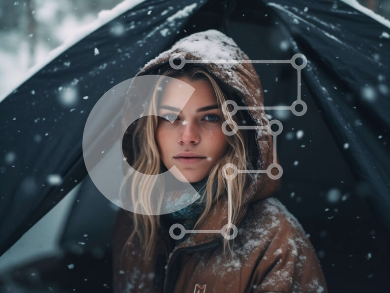 Intra Συλλεκτικό Ξύλινο Παζλ Plywood  4mm - Χειμερινό κάμπινγκ: Γυναίκα που στέκεται μπροστά από τη χιονισμένη σκηνή στο δάσος Σε Ξύλινο Κουτί - Διαστάσεις: 10x10 cm – 25 κομμάτια