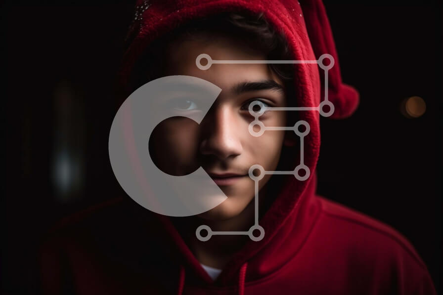 Intra Συλλεκτικό Ξύλινο Παζλ Plywood  4mm - Πορτρέτο ενός σοβαρού νεαρού άνδρα με κόκκινο κουκούλα Σε Ξύλινο Κουτί - Διαστάσεις Puzzle: 10x10 cm – 25 κομμάτια