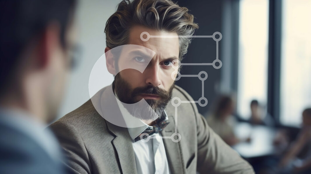 Intra Συλλεκτικό Ξύλινο Παζλ Plywood  4mm - Σοβαρός επιχειρηματίας στην αίθουσα συνεδριάσεων με δύο συναδέλφους Σε Ξύλινο Κουτί - Διαστάσεις Puzzle: 10x10 cm – 25 κομμάτια