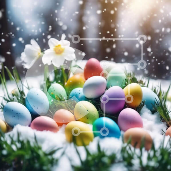 Intra Συλλεκτικό Ξύλινο Παζλ Plywood  4mm - Πολύχρωμα Πασχαλινά αυγά και Νάρκισσοι στο χιόνι Σε Ξύλινο Κουτί - Διαστάσεις Puzzle: 10x10 cm – 25 κομμάτια