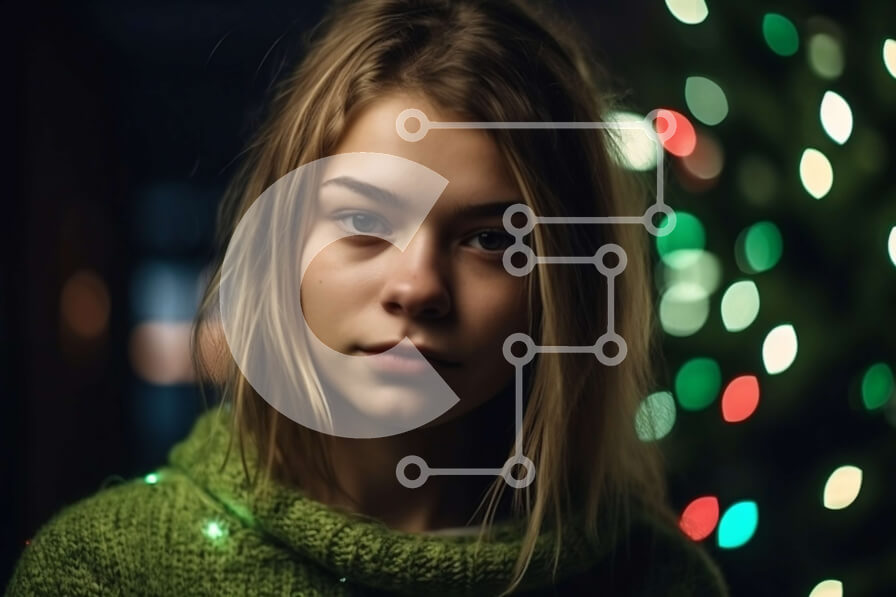 Intra Συλλεκτικό Ξύλινο Παζλ Plywood  4mm - Όμορφη εικόνα μιας γυναίκας με πράσινο πουλόβερ μπροστά από το χριστουγεννιάτικο δέντρο με φώτα που αναβοσβήνουν Σε Ξύλινο Κουτί - Διαστάσεις: 10x10 cm – 25 κομμάτια