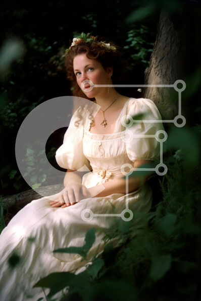 Σετ των 2 Intra Συλλεκτικό Ξύλινο Παζλ Plywood  4mm - Όμορφη εικόνα μιας γυναίκας με λευκό φόρεμα που κάθεται σε έναν ξύλινο πάγκο σε ένα δάσος με μακριά σγουρά μαλλιά και στέμμα λουλουδιών Σε Ξύλινο Κουτί - Διαστάσεις: 10x10 cm – 25 κομμάτια