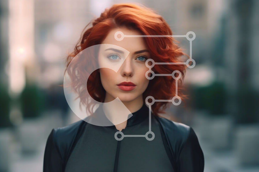 Intra Συλλεκτικό Ξύλινο Παζλ Plywood  4mm - Κομψή κοκκινομάλλα γυναίκα που στέκεται στην αστική οδό με τα κτίρια στο φόντο Σε Ξύλινο Κουτί - Διαστάσεις Puzzle: 10x10 cm – 25 κομμάτια