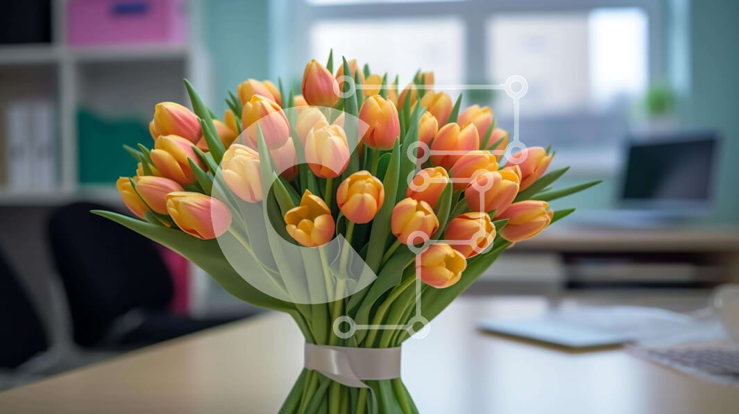 Intra Συλλεκτικό Ξύλινο Παζλ Plywood  4mm - Βάζο με τουλίπες και φορητό υπολογιστή στο τραπέζι γραφείου Σε Ξύλινο Κουτί - Διαστάσεις: 10x10 cm – 25 κομμάτια