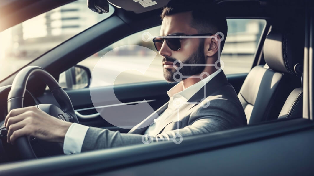 Intra Συλλεκτικό Ξύλινο Παζλ Plywood  4mm - Άνδρας σε αυτοκίνητο που φοράει γυαλιά ηλίου και κοστούμι, που οδηγεί μια ηλιόλουστη μέρα Σε Ξύλινο Κουτί - Διαστάσεις Puzzle: 10x10 cm – 25 κομμάτια