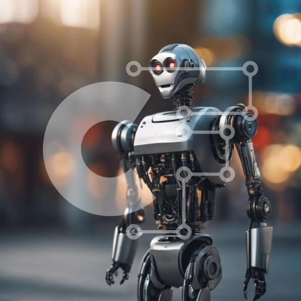 Intra Συλλεκτικό Ξύλινο Παζλ Plywood  4mm - Ασημένιο ρομπότ με κόκκινα μάτια στην Urban Street Σε Ξύλινο Κουτί - Διαστάσεις Puzzle: 10x10 cm – 25 κομμάτια