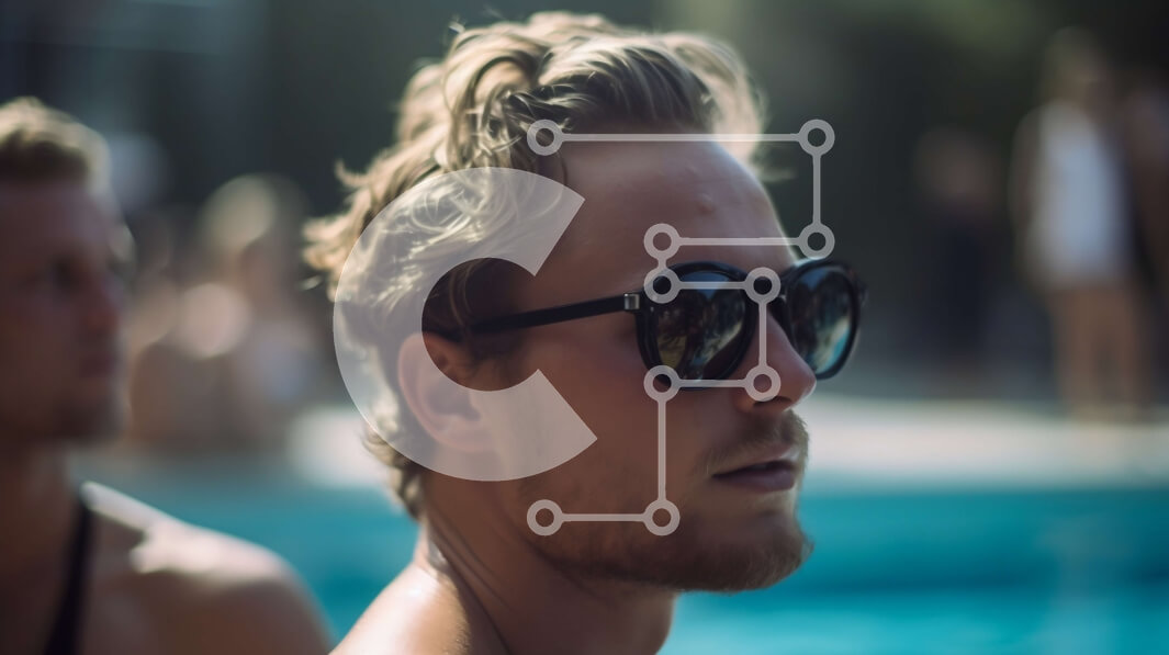 Intra Συλλεκτικό Ξύλινο Παζλ Plywood  4mm - Άνδρας που φοράει γυαλιά ηλίου δίπλα σε μια πισίνα με φίλους Σε Ξύλινο Κουτί - Διαστάσεις Puzzle: 10x10 cm – 25 κομμάτια