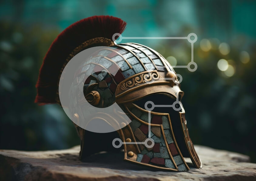 Intra Συλλεκτικό Ξύλινο Παζλ Plywood  4mm - Αρχαίο σπαρτιατικό κράνος σε βράχο με πολύχρωμα μωσαϊκά Σε Ξύλινο Κουτί - Διαστάσεις Puzzle: 10x10 cm – 25 κομμάτια