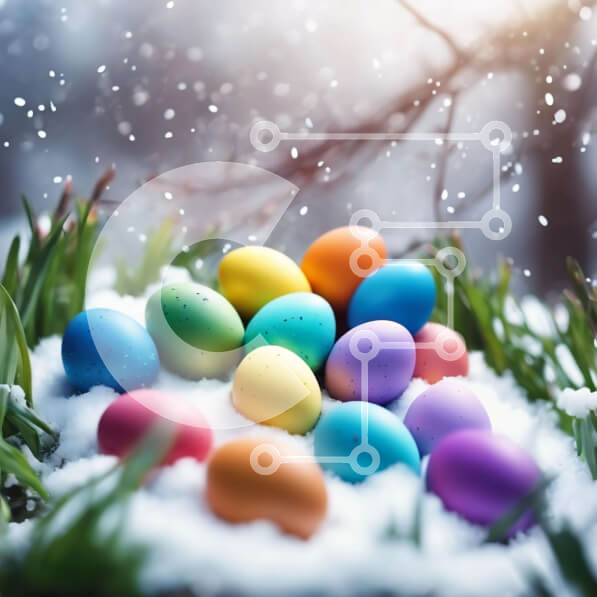 Intra Συλλεκτικό Ξύλινο Παζλ Plywood  4mm - Πολύχρωμα Πασχαλινά αυγά στο χιόνι με γρασίδι και δέντρα Σε Ξύλινο Κουτί - Διαστάσεις: 10x10 cm – 25 κομμάτια