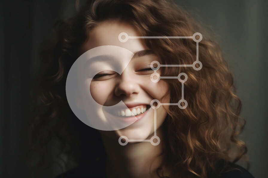 Intra Συλλεκτικό Ξύλινο Παζλ Plywood  4mm - Ευτυχισμένη νεαρή γυναίκα με σγουρά μαλλιά που χαμογελά στην κάμερα Σε Ξύλινο Κουτί - Διαστάσεις Puzzle: 10x10 cm – 25 κομμάτια