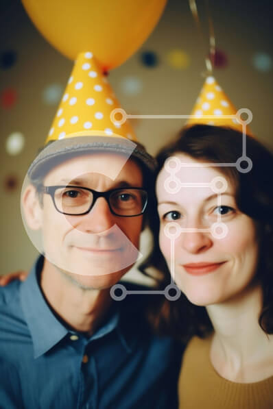 Intra Συλλεκτικό Ξύλινο Παζλ Plywood  4mm - Ευτυχισμένο ζευγάρι που γιορτάζει με καπέλα για πάρτι Σε Ξύλινο Κουτί - Διαστάσεις Puzzle: 10x10 cm – 25 κομμάτια